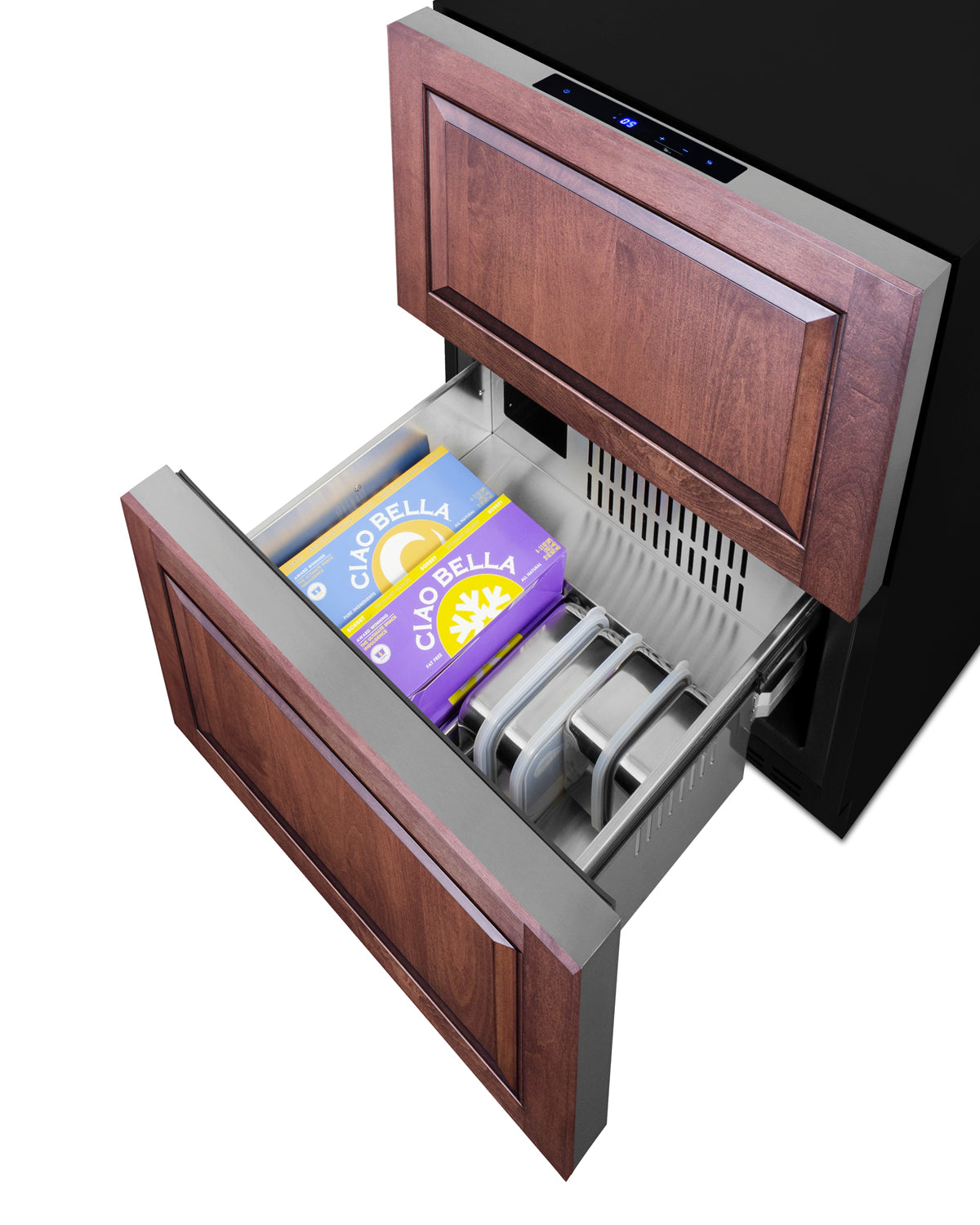 Two-drawer all-freezer with wood panel fronts, open drawer showing organized frozen food storage compartments
