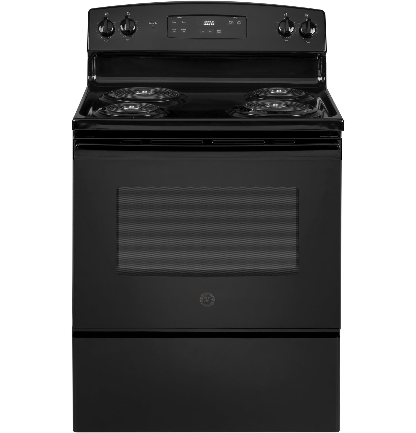 Black free-standing electric range with coil burners, digital display, and control knobs in Ranges and Kitchen & Kitchenware collections