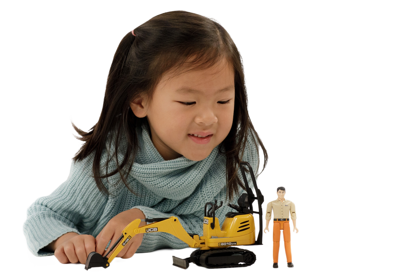 Child playing with yellow Bruder JCB C8010 CTS micro excavator toy and construction worker figure from Bruder Toys collection