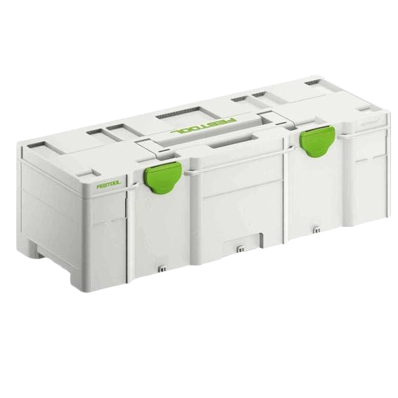 Large white and green interlocking storage box for workshop and jobsite tool organization and mobility