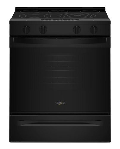 Sleek black 30-inch electric smart range with smooth cooktop and control knobs in kitchen appliances collection