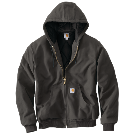 Men’s insulated hooded work jacket in gravel color with zip front, quilted lining, ribbed cuffs and hem, part of Clothing & Shoes, Outerwear, Men, and Carhartt collections at Hartville Hardware.
