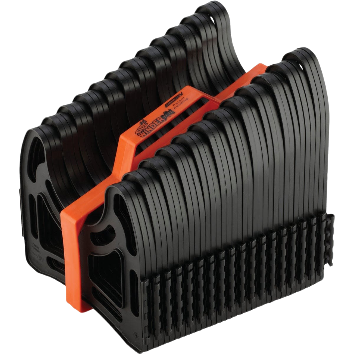 Collapsible black plastic sewer hose support with orange handle for stable and organized RV wastewater management