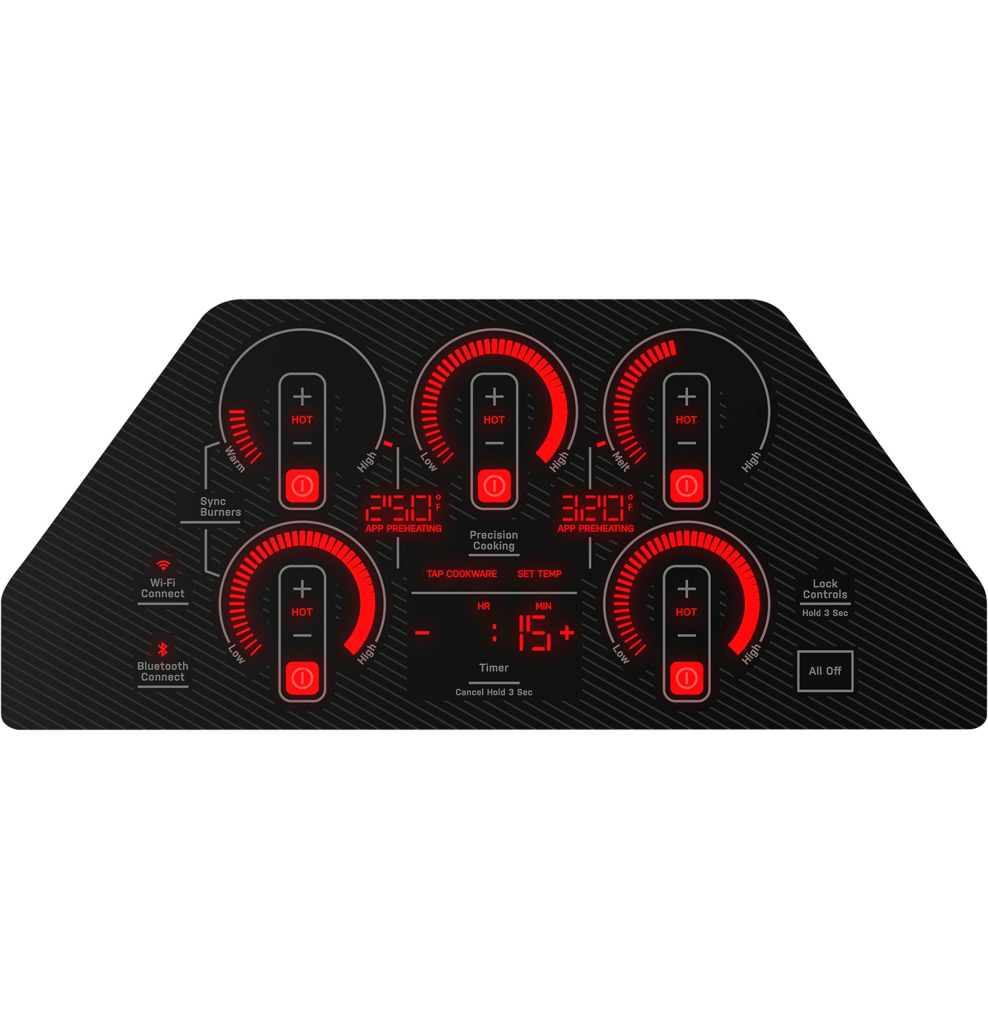 Black touch control panel for induction cooktop with five heated burner controls and smart connectivity features