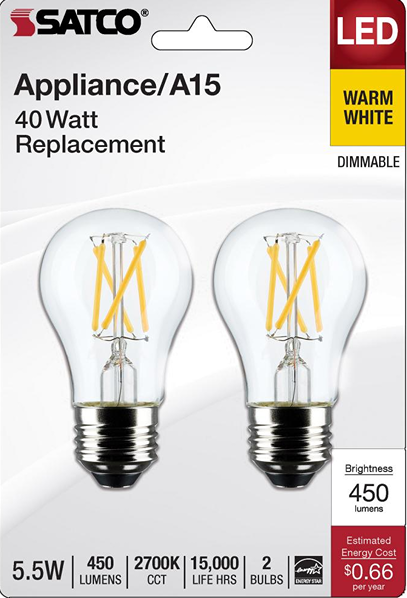 Two clear LED A15 bulbs with medium bases offering warm white dimmable lighting for electrical and home improvement collections