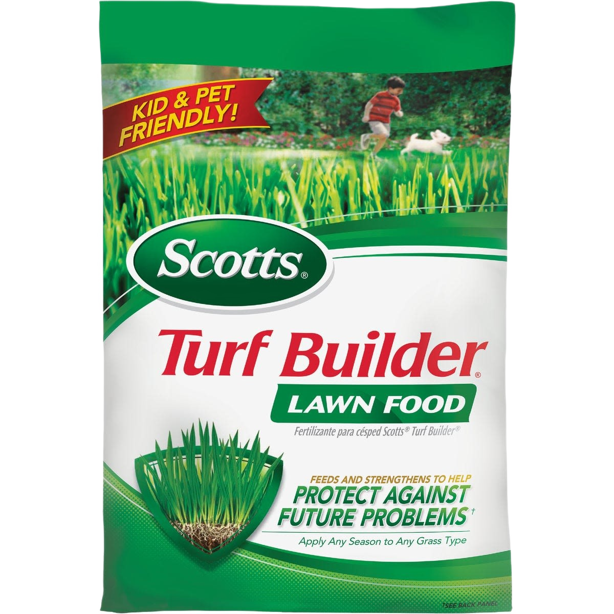 Green and white bag of Scotts Turf Builder lawn food labeled kid and pet friendly for home improvement use