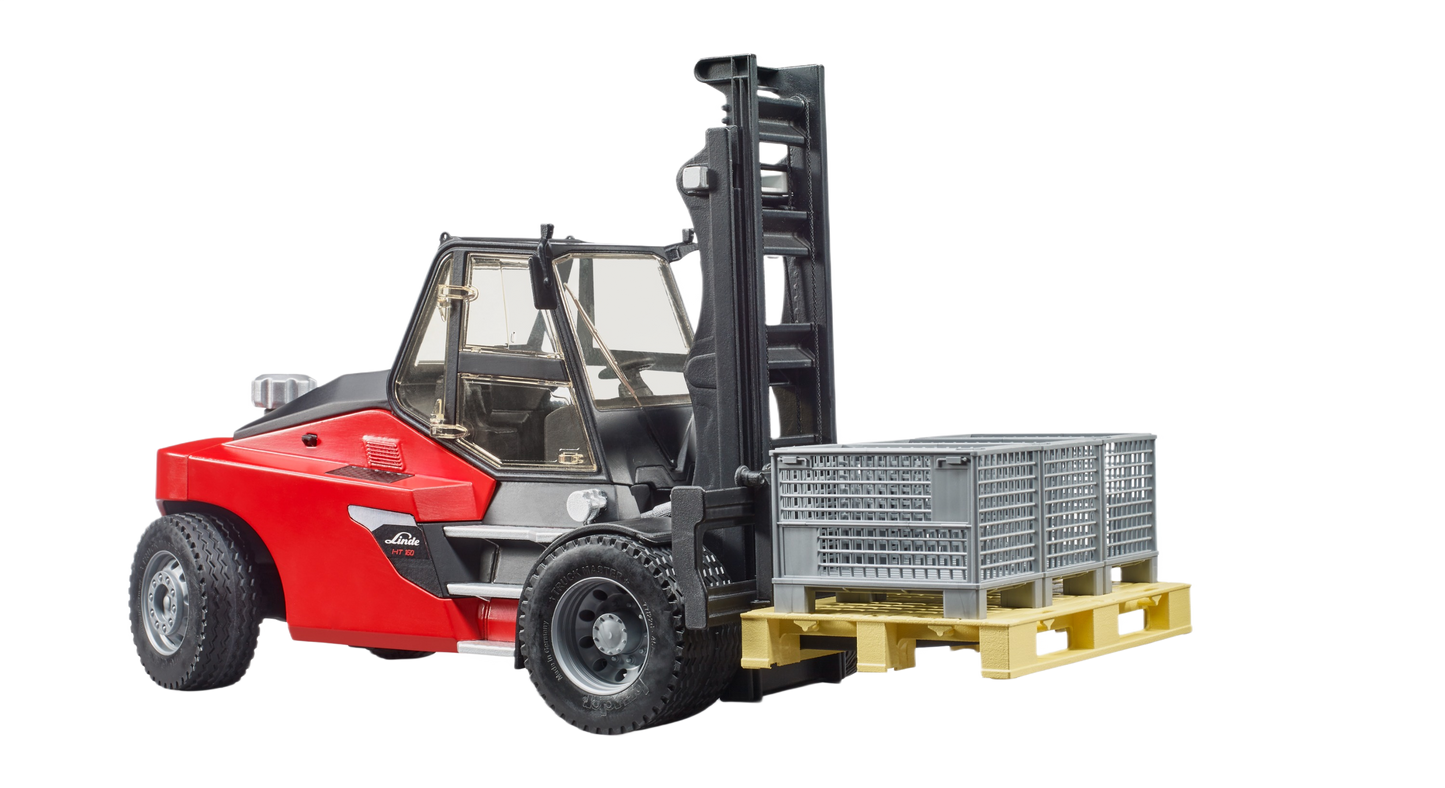 Red and black Bruder stacker toy lifting a wooden pallet with three gray pallet cages for remote controlled toys collection
