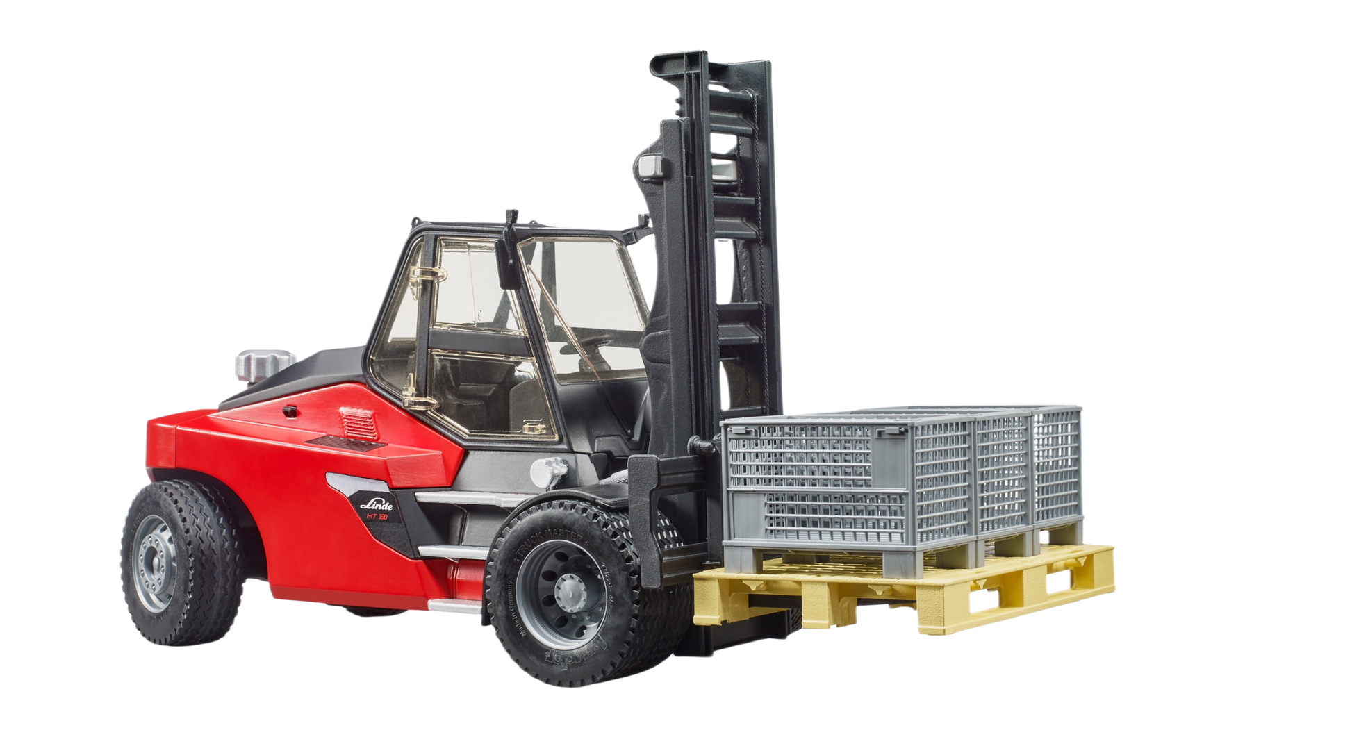 Red and black Bruder stacker toy lifting a wooden pallet with three gray pallet cages for remote controlled toys collection