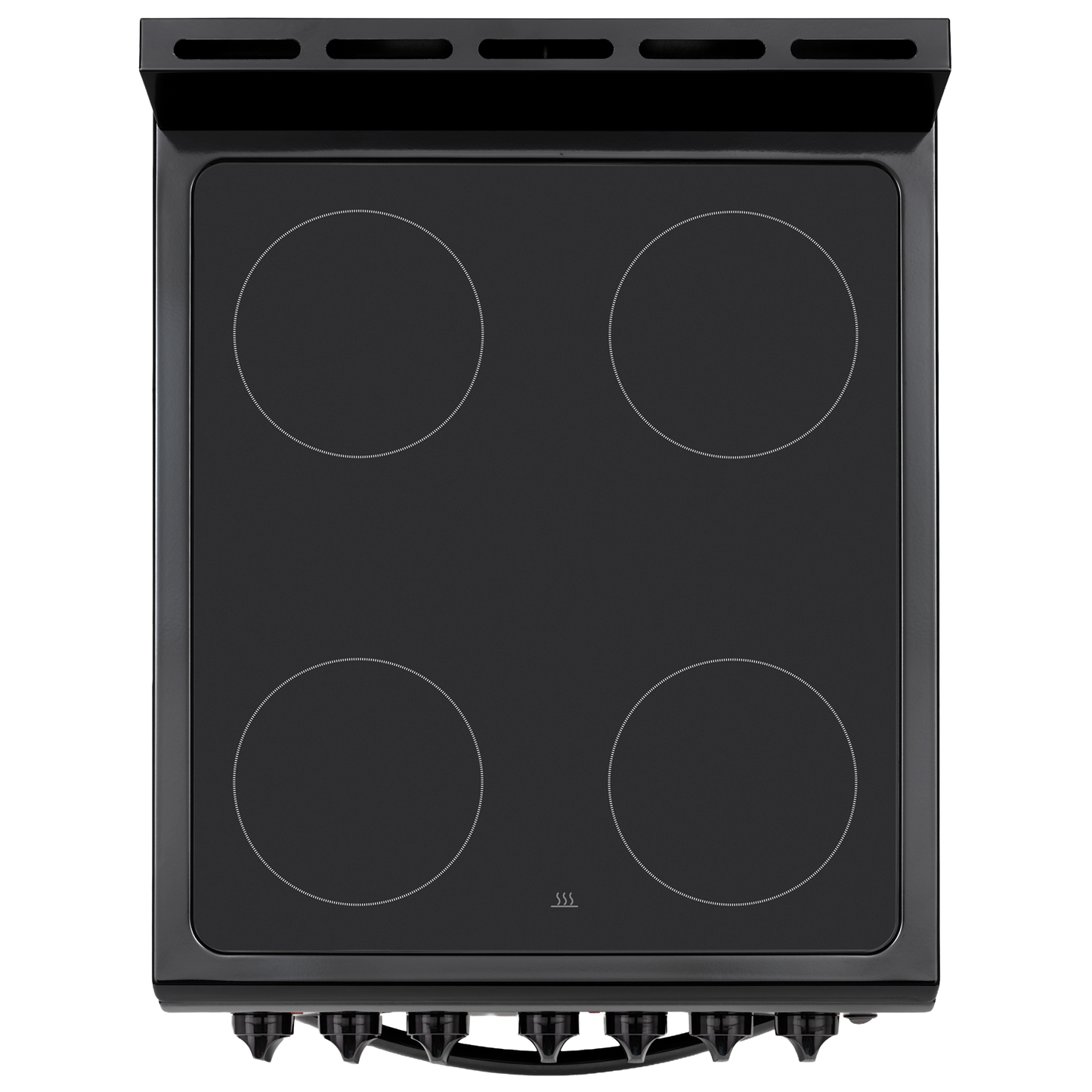 Black electric range with four circular induction cooktop zones and front control knobs for kitchen appliances.