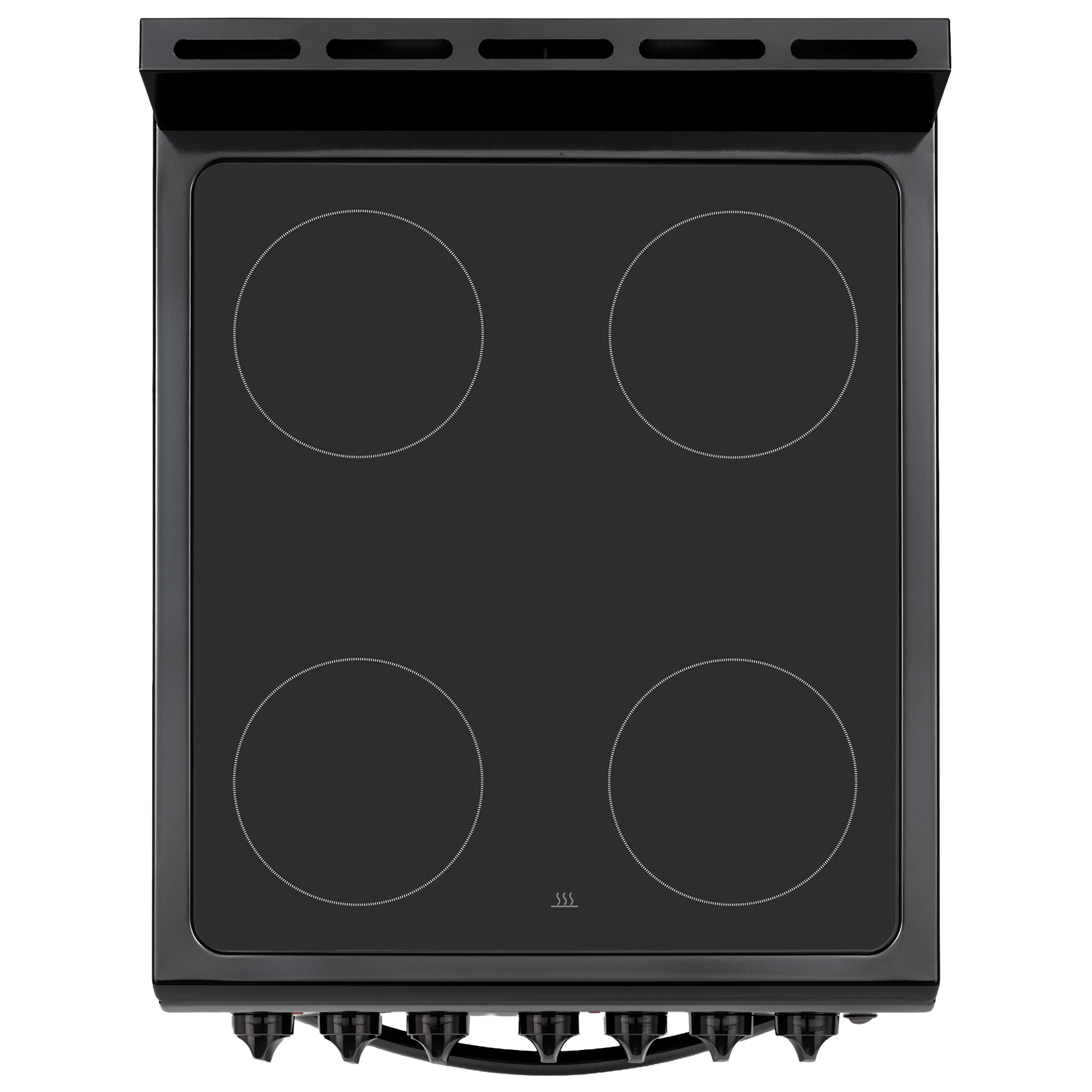 Black electric range with four circular induction cooktop zones and front control knobs for kitchen appliances.