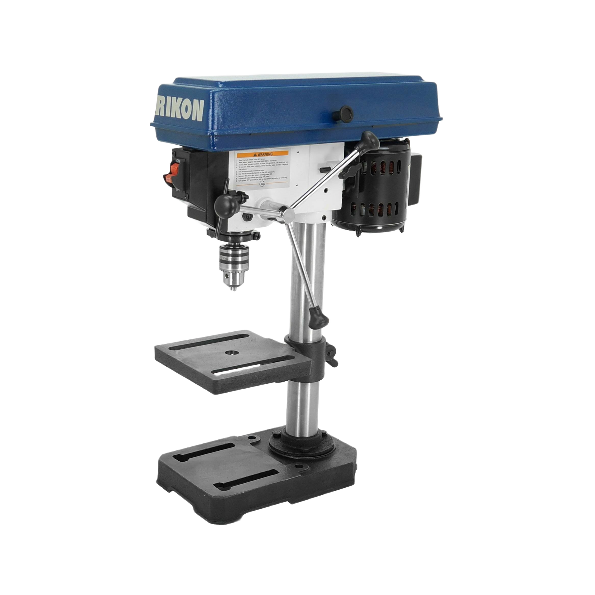 Benchtop drill press with adjustable metal work surface and blue motor housing for precise drilling in home improvement tasks