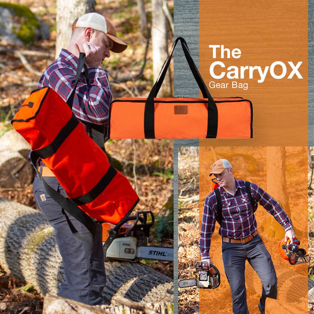Orange gear bag with black straps carried outdoors for transporting tools in home improvement and forestry tasks