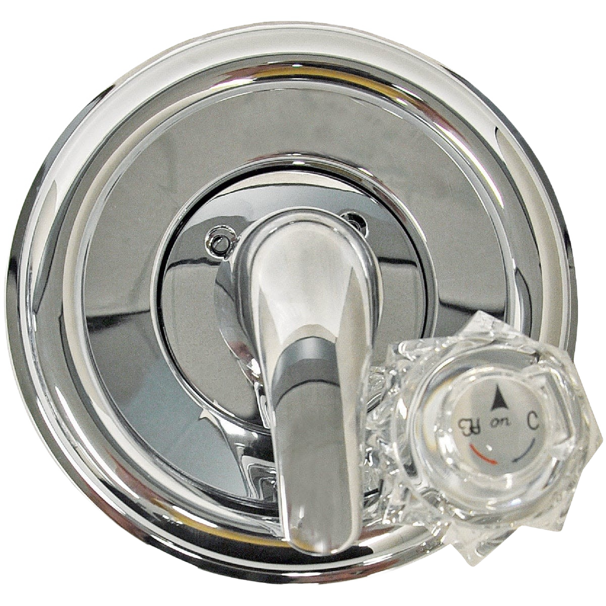 Chrome shower trim kit with lever handle and clear temperature control knob for plumbing and home improvement use