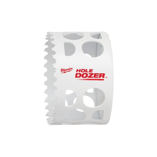 White bi-metal large diameter hole saw with sharp teeth for woodworking tools and home improvement projects