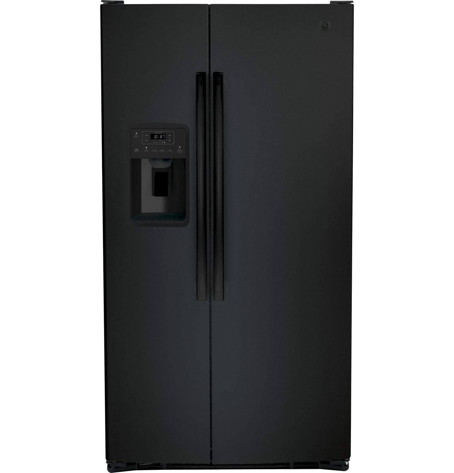 Matte black side-by-side refrigerator with water dispenser and digital control panel in kitchen appliances collection