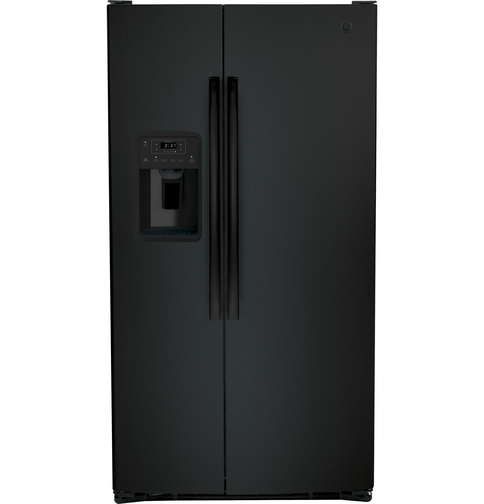 Matte black side-by-side refrigerator with water dispenser and digital control panel in kitchen appliances collection