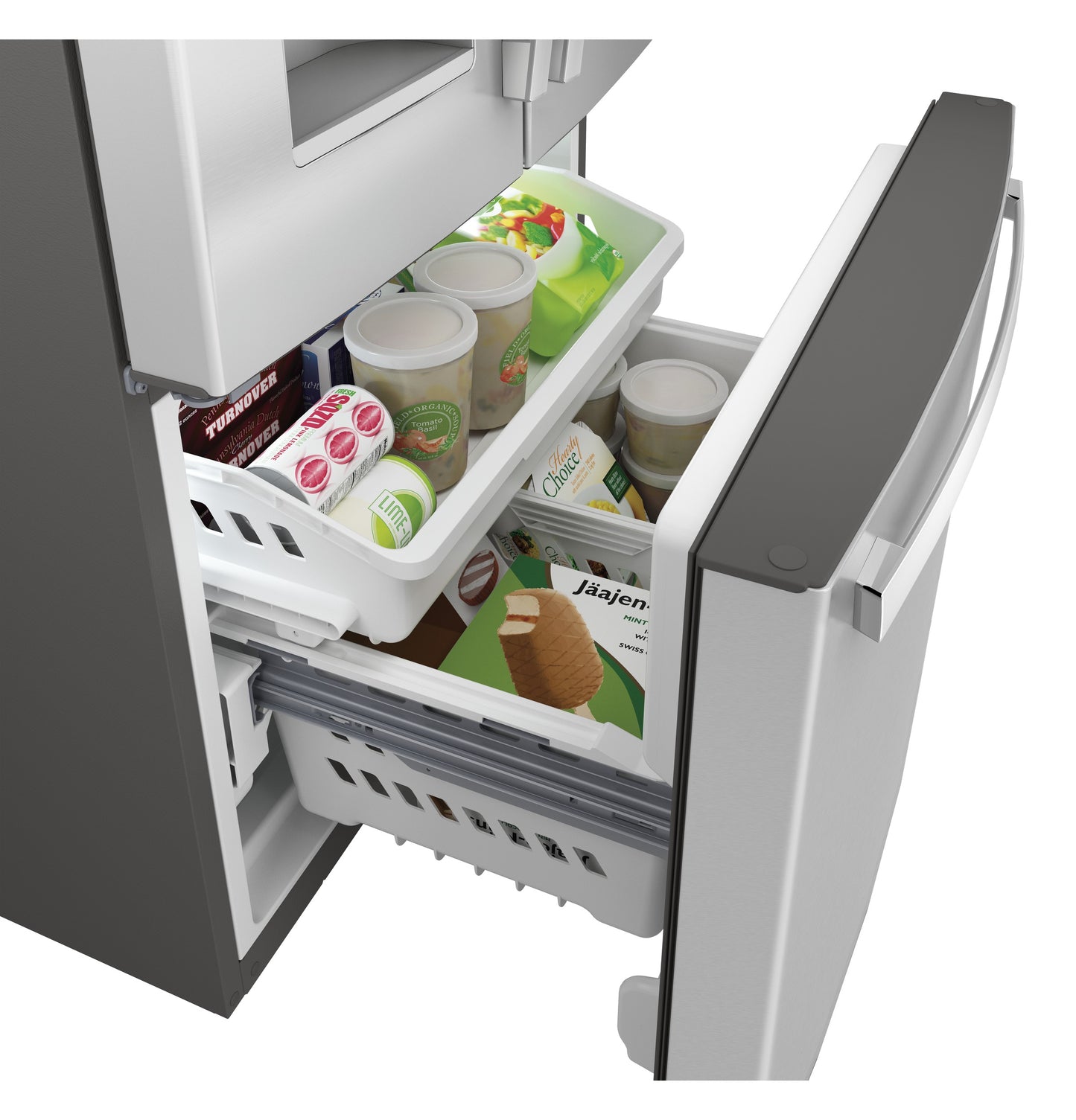 Open bottom freezer drawer of stainless steel French door refrigerator showing organized storage bins in Refrigerators collection