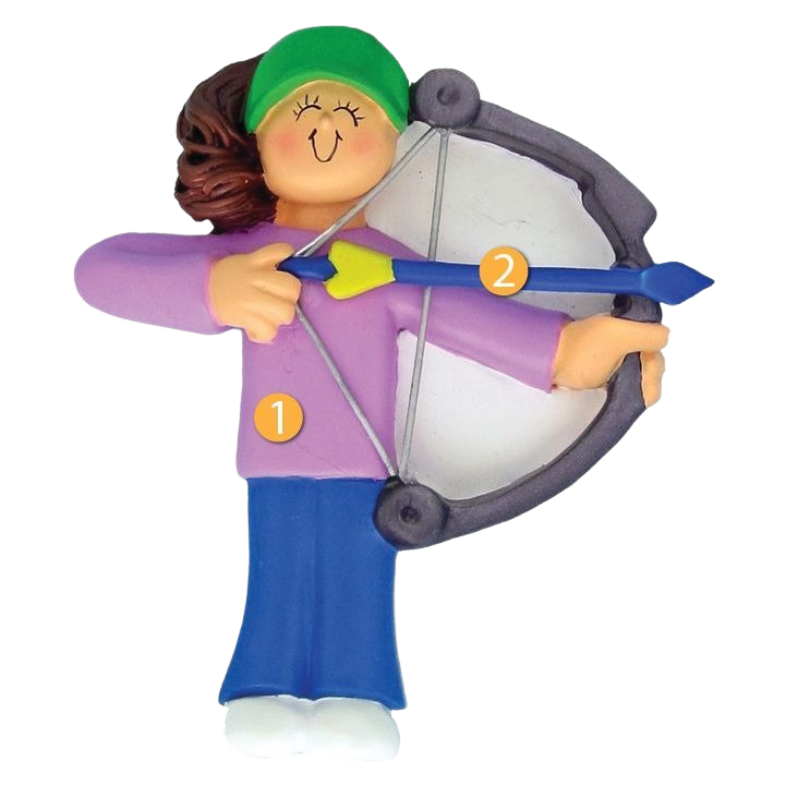 Brunette female figurine aiming bow and arrow in colorful outfit for Christmas Ornaments & Tree Decorations collection