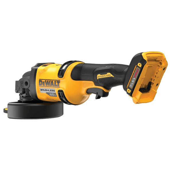 Yellow and black cordless grinder with brushless motor and kickback brake for tools and home improvement tasks