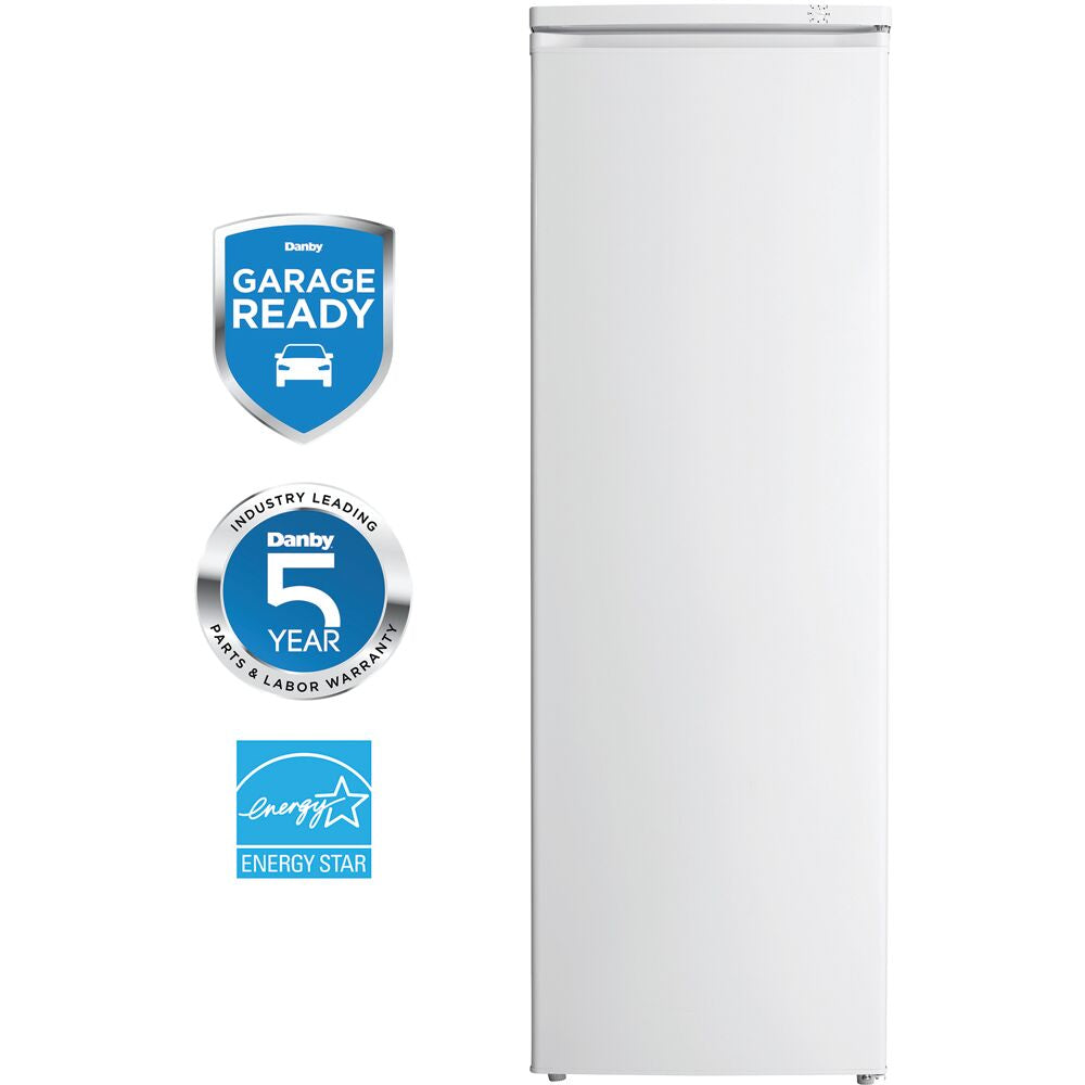 White upright freezer with slim profile, manual defrost, mechanical thermostat, and energy-efficient features for home use