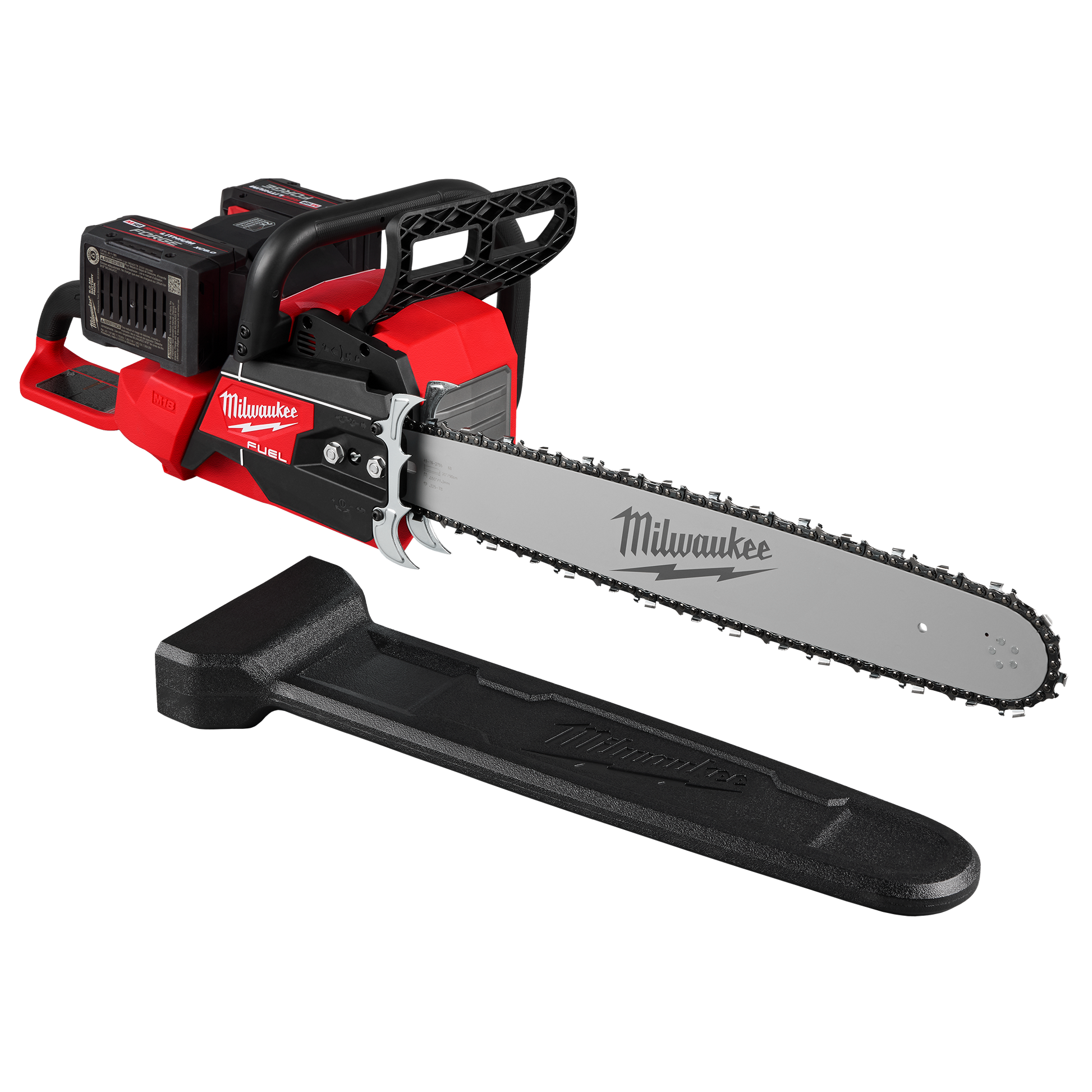 Red and black cordless chainsaw with dual batteries and 20-inch bar for advanced home improvement tasks