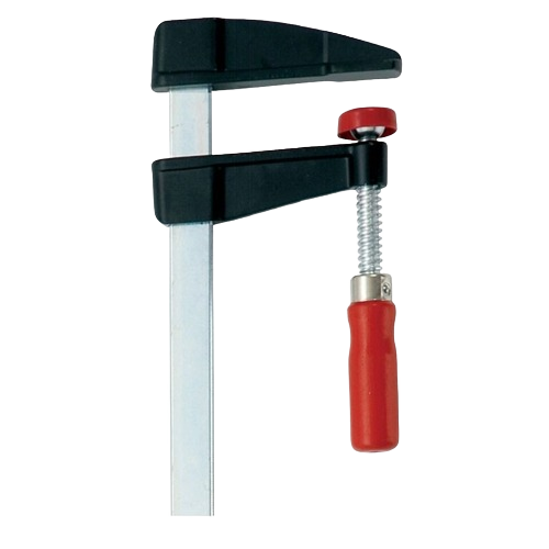 12-inch steel bar clamp with black plastic jaws and red ergonomic screw handle for woodworking and home improvement tasks