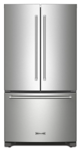 Stainless steel French door refrigerator with bottom freezer drawer and sleek vertical handles in KitchenAid appliance collection