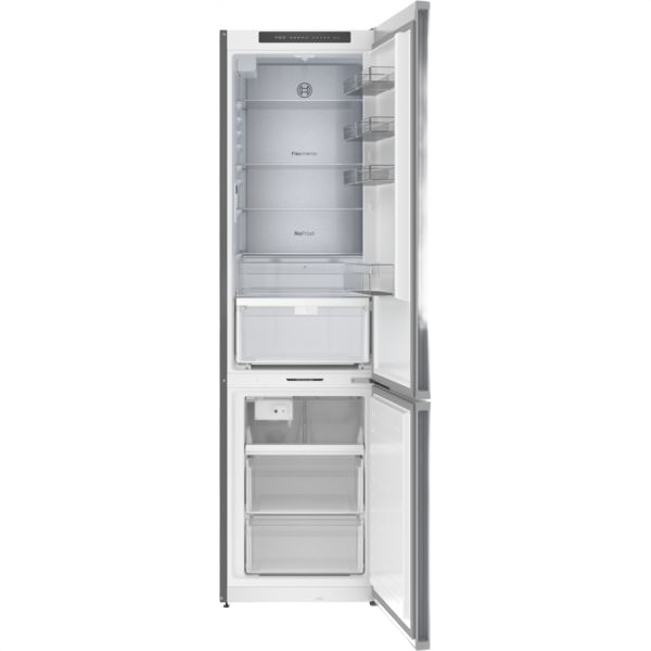 Open freestanding refrigerator with bottom freezer, adjustable glass shelves, and clear storage compartments in stainless steel finish
