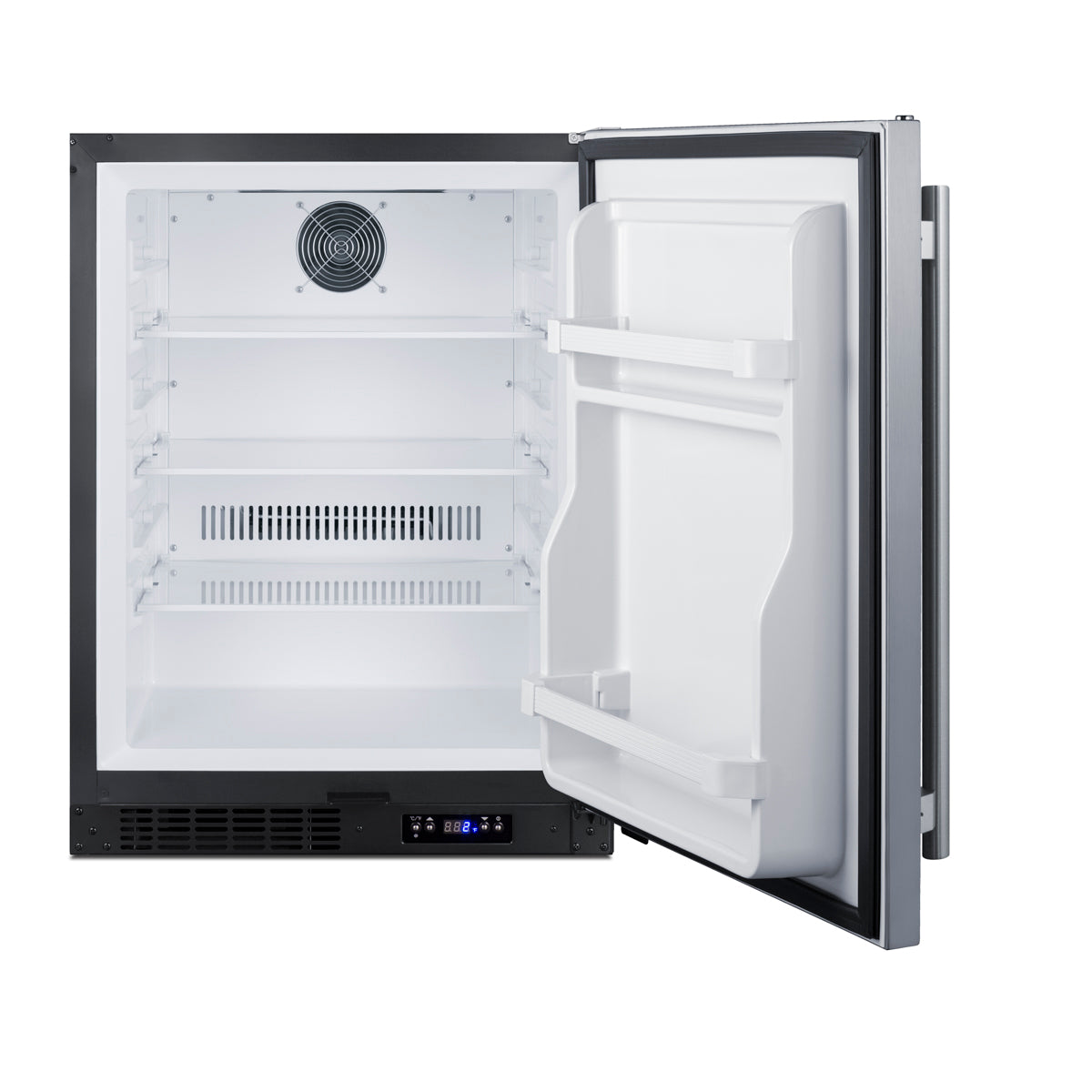Open built-in all-freezer with stainless steel exterior, adjustable shelving, and digital temperature display inside kitchen appliance