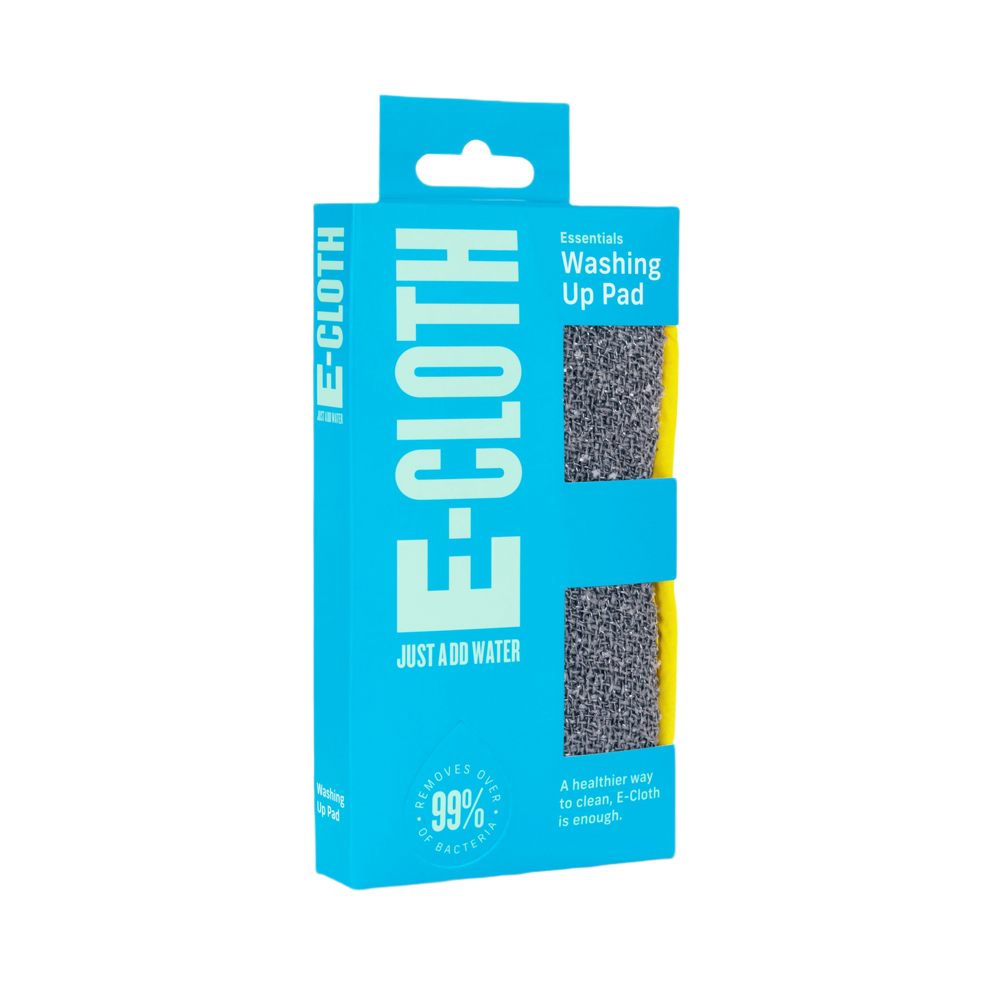 Blue boxed dual-sided washing up pad with gray scrubbing side and yellow soft side for cleaning tools and surfaces