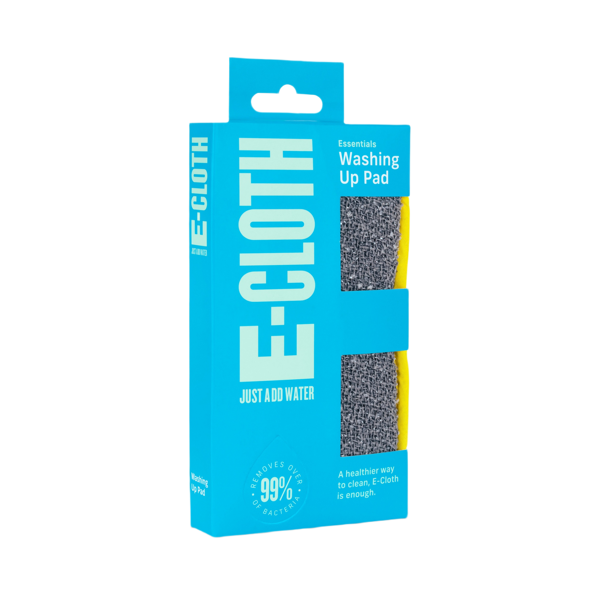 Blue boxed dual-sided washing up pad with gray scrubbing side and yellow soft side for cleaning tools and surfaces