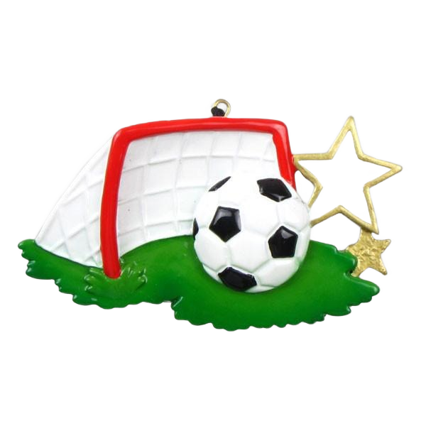 Soccer ball resting near white net with red frame and gold stars on green base Christmas ornament decoration