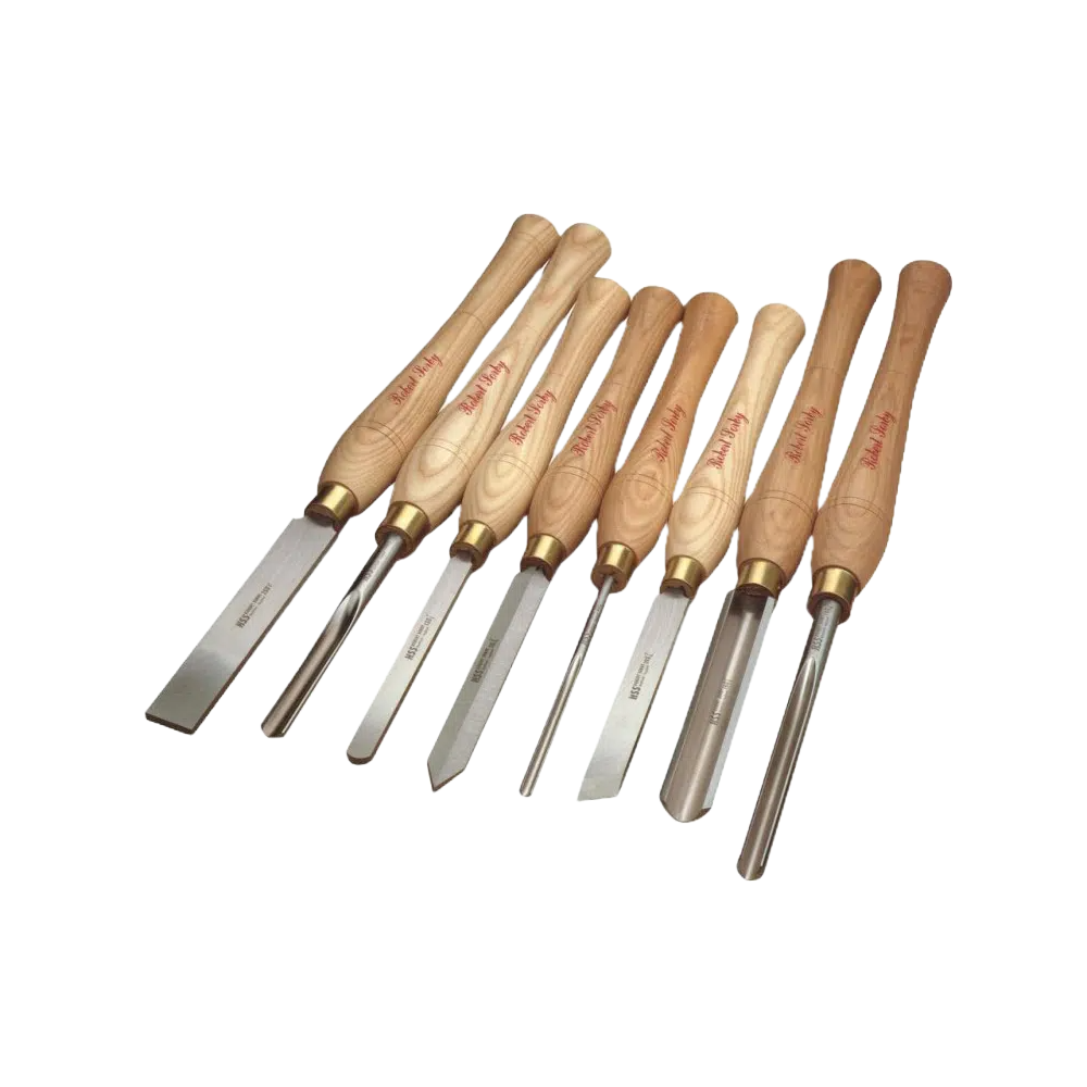Eight-piece woodturning tool set with polished steel blades and smooth wooden handles for woodworking hand tools collection