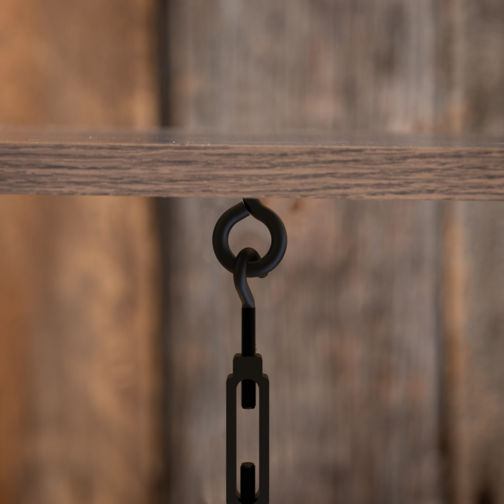 Black Storm Shine screw eye securing a chain to a wooden surface in hardware and fasteners collections