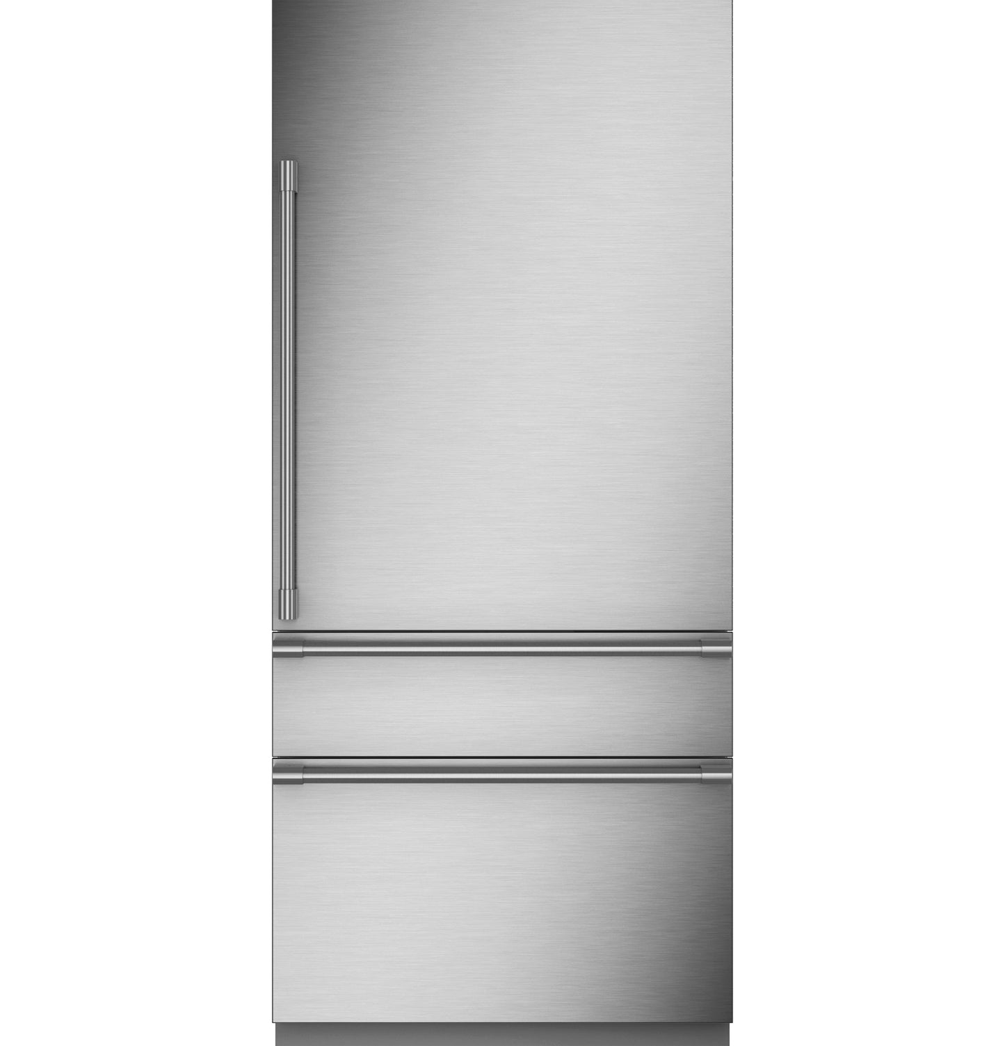 Stainless steel integrated bottom-freezer refrigerator with right hinge and brushed metal finish in kitchen appliances collection