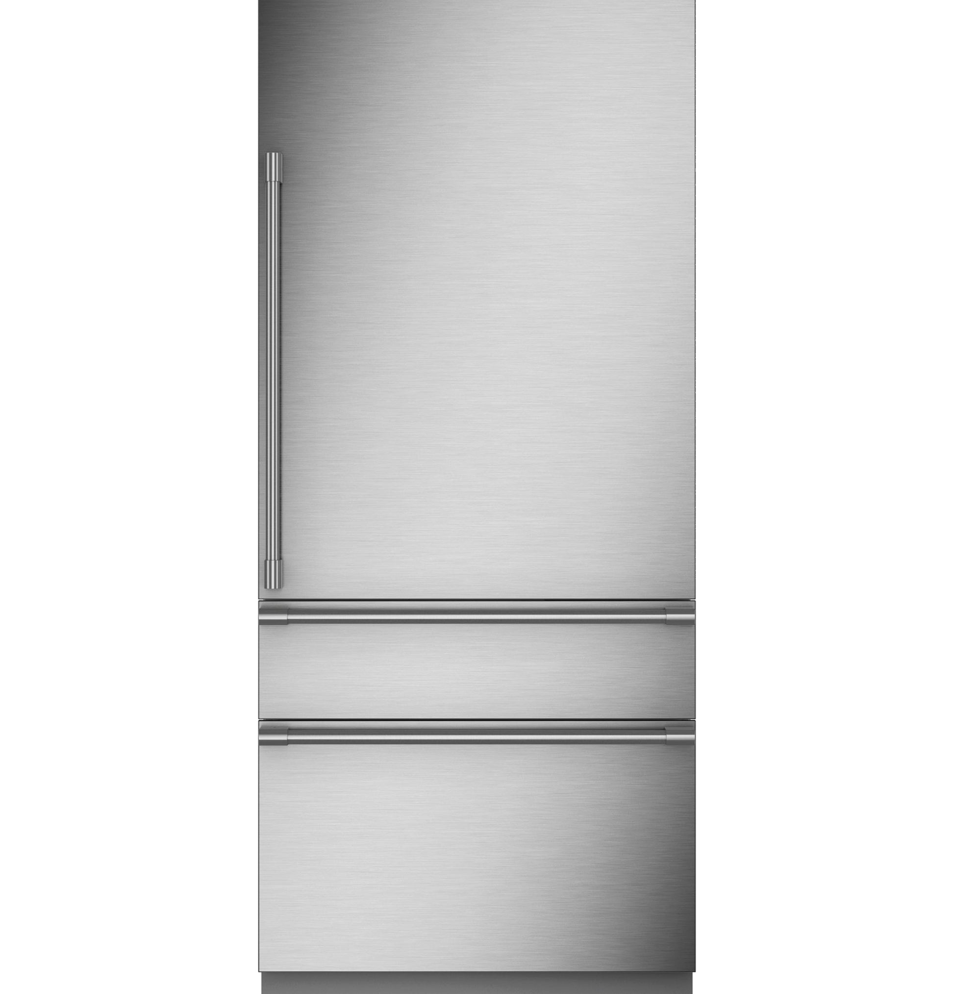 Stainless steel integrated bottom-freezer refrigerator with right hinge and brushed metal finish in kitchen appliances collection