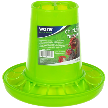 Bright green plastic poultry feeder with circular base and food compartment for easy refilling and cleaning