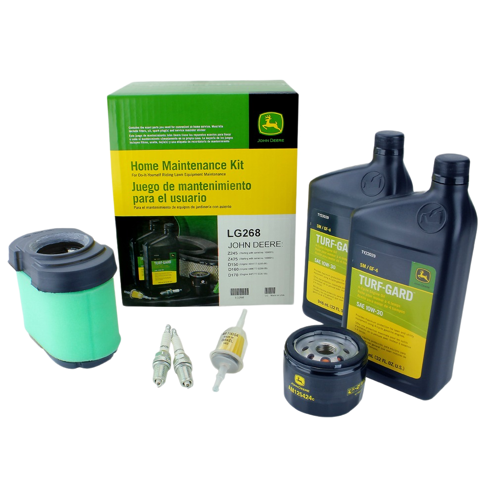 John Deere home maintenance kit with oil, filters, spark plugs, and fuel filter for tools and home improvement tasks