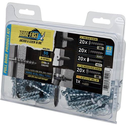 Clear plastic fastener kit with pan and hex washer screws plus drill bit for versatile home improvement tasks under $50