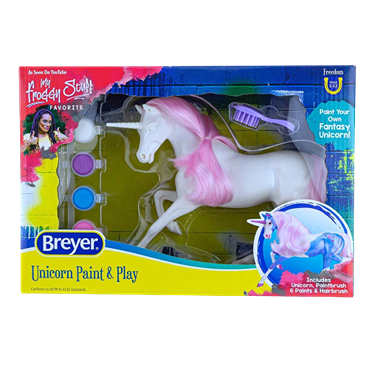 Paint your own unicorn toy set with pink mane, brush, and six colorful paints for creative play and decoration.