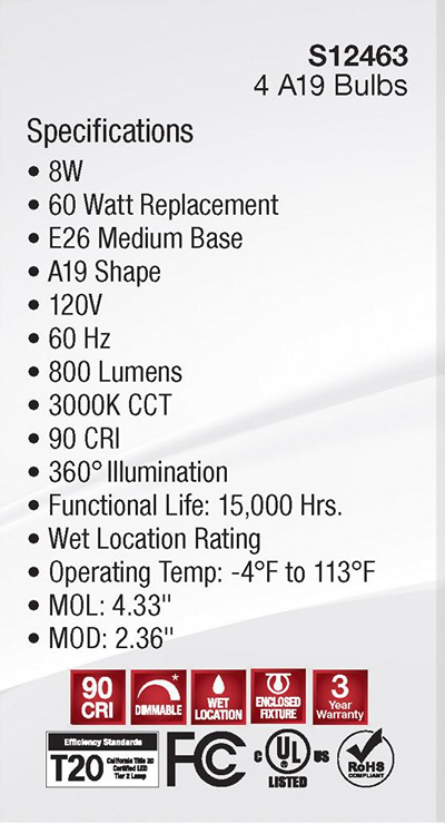 Lighting specifications label showing details for 8W A19 LED bulbs with 800 lumens, 3000K color temperature, and 15,000 hours life