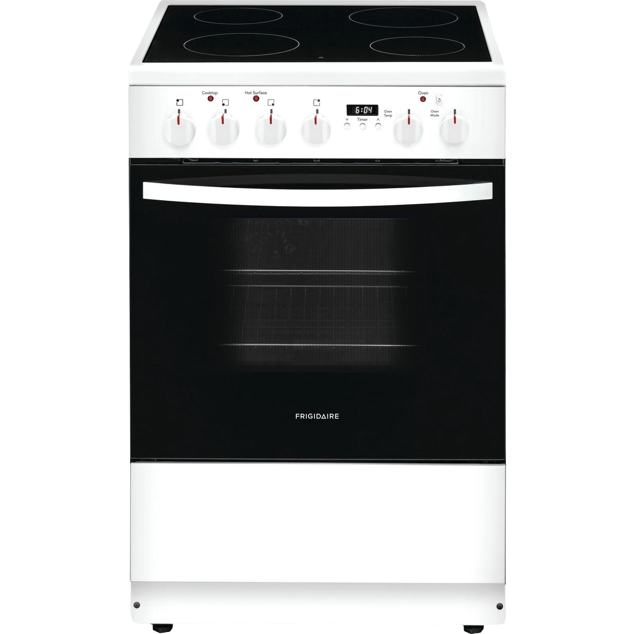 Freestanding electric range with smooth glass cooktop, white finish, and control knobs in kitchen appliances setting