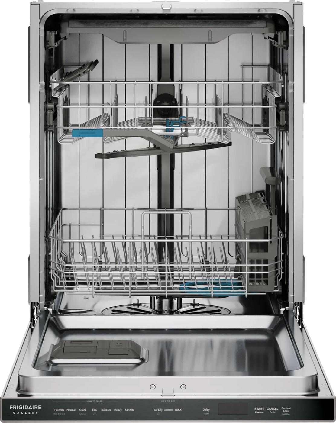 Open stainless steel dishwasher interior with adjustable racks and strong water jets for kitchen appliances collection