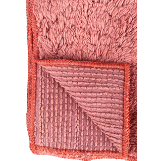 Set of two pink cotton chenille Stoneware Clay Shaggies dish towels with textured looped and ribbed surfaces for kitchenware use