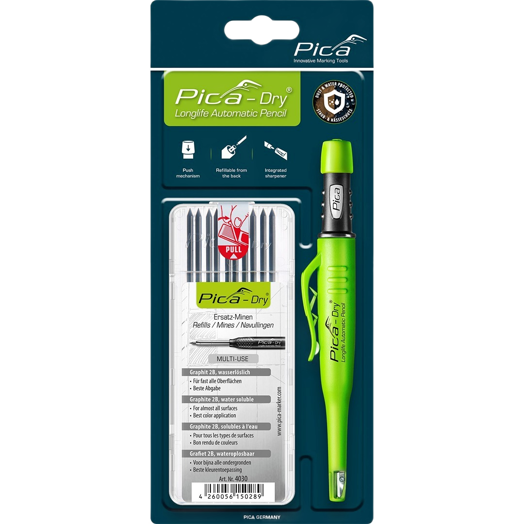 Pica Dry Longlife automatic pencil with integrated sharpener and water soluble graphite lead refills in office and woodworking tools collections