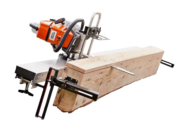 Portable orange chainsaw mill cutting a large timber beam with guide rail attachments for woodworking tasks