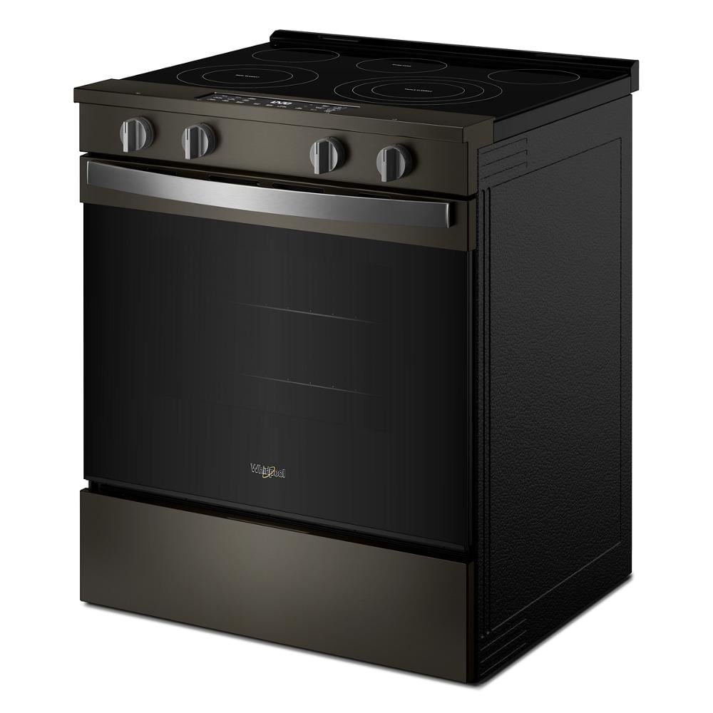 30-inch black electric smart range with smooth cooktop, four control knobs, and large oven door in kitchen appliances collection