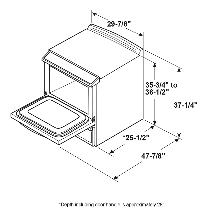 Line drawing of a slide-in electric convection range with dimensions for kitchen and home improvement planning