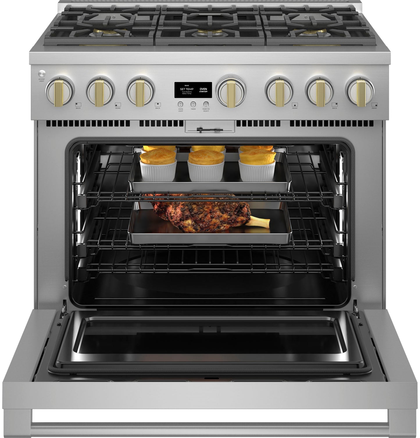 Stainless steel professional dual-fuel range with six brass burners, digital controls, and open oven with food inside in kitchenware collections