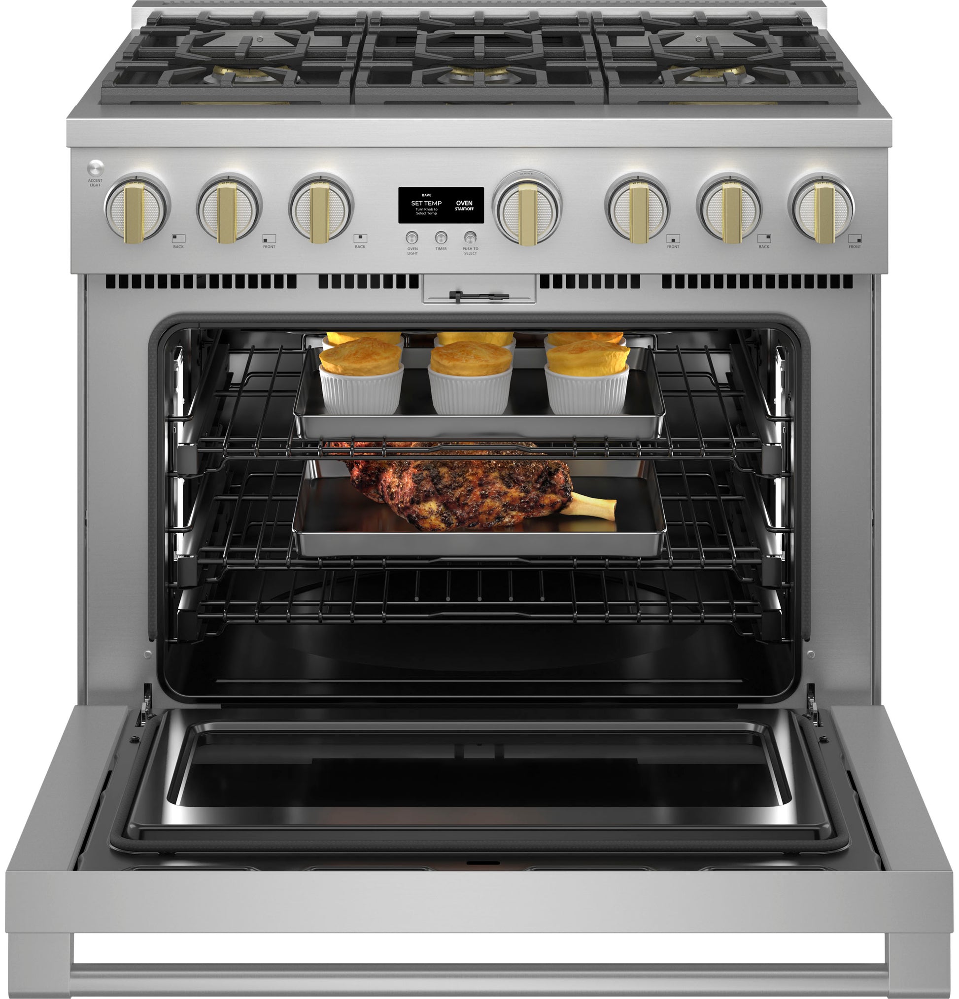 Stainless steel professional dual-fuel range with six brass burners, digital controls, and open oven with food inside in kitchenware collections